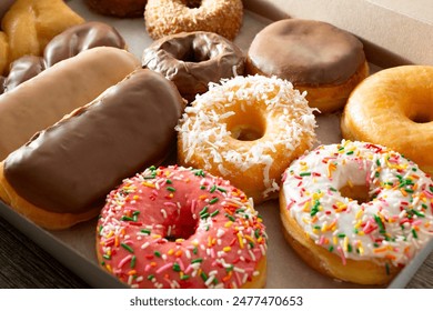 A view of a dozen donuts in a box.