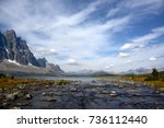 View of dramatic cloudy sky over Astoria river, Amethyst lake and the Ramparts in Tonquin valley, Jasper National Park, Canada