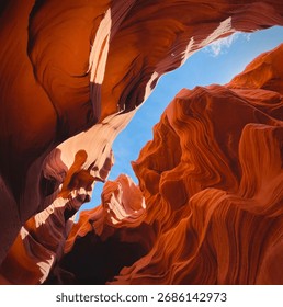 View of the dramatic sandstone formations inside Antelope Canyon, Arizona. Light and shadow enhance the textures of the slot canyon walls under the clear desert sky.