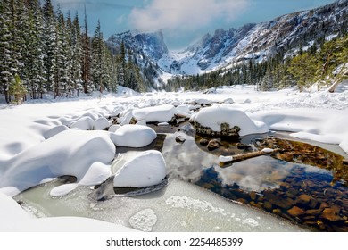 View of Dream Lake frozen during winter at Rocky Mountain National Park near Estes Park Colorado - Powered by Shutterstock