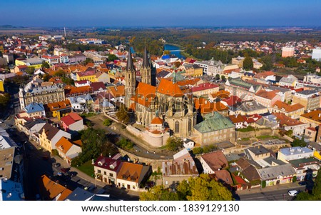 View from drone of ancient Gothic Archdeacon Church of St. Bartholomew in old Czech town of Kolin on Elbe River, Central Bohemian Region