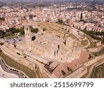 View from drone of Catalan city of Lleida with medieval Cathedral of St. Mary of La Seu Vella ..