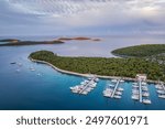 View from a drone of the marina in Rogoznica and the archipelago of Croatian islands.