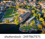 View from a drone of the Mill Island (Polish: Wyspa Młyńska) and the Brda River in the center of the old town of Bydgoszcz.