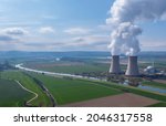 View of drone of nuclear power plant and river