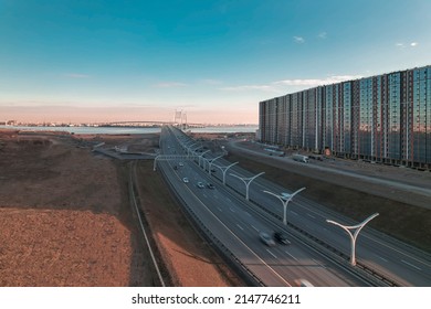 The view from the drone on the high-speed highway. A toll road to reduce traffic jams in the city. - Shutterstock ID 2147746211