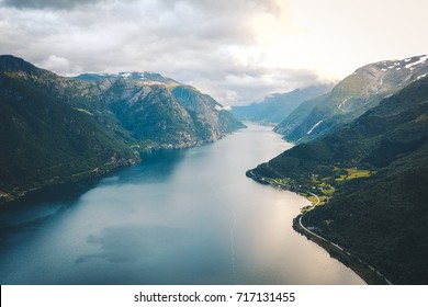 The View From The Drone On The Narrowest Fjord In Norway