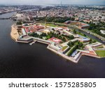 View from the drone of the Peter and Paul Fortress a star fortress. In the early 1920s, it was still used as a prison and execution ground by the Bolshevik government in  St. Petersburg, Russia.