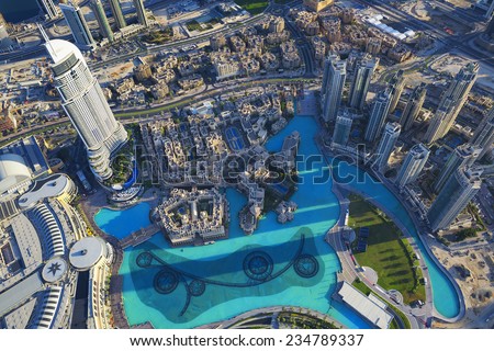 View of Dubai city from the top of a tower.