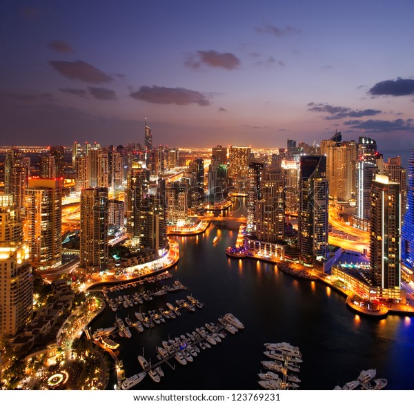 View Dubai Marina Dusk Showing Jbh Stock Photo (Edit Now) 123769231