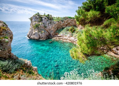 View Of Dubrovnik, Croatia Coasline. Bay And Crystal Clear Water Of Adriatic Sea.