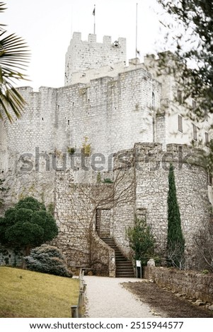 View of Duino Castle, a medieval fortress in Friuli, Italy. With its stone walls, vine-covered stairs, and a tower with a flag, it evokes history and architectural charm in a picturesque setting.