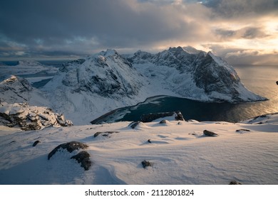 View During Winter From The Summit Or Peak Of Snowy Ryten Mountain, In Moskenesøya, Lofoten Islands, Norway. 