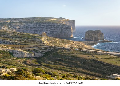 View Dwejra area and Fungus Rock Gozo island  Malta  Dramatic cliffs Maltese coastline