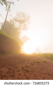 View of earth road covered in foggy during morning sunrise. - Shutterstock ID 726835273