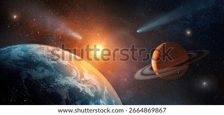  View of the Earth, solar system. planets, star, galaxy and comet.  View from space.  Elements of this image furnished by NASA.