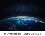  View of the Earth, star and galaxy. Sunrise over planet Earth, view from space. Concept on the theme of ecology, environment, Earth Day. Elements of this image furnished by NASA.