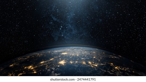  View of the Earth, star and galaxy. Sunrise over planet Earth, view from space. Concept on the theme of ecology, environment, Earth Day. Elements of this image furnished by NASA.