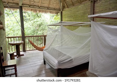 A View Of An Eco Lodge Room In The Amazon On A Sunny Day.