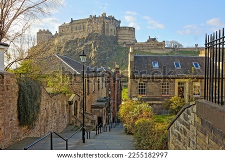 View of Edinburgh castle from the medieval streets of the old town, Scotland