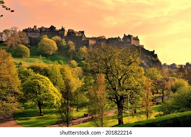 View Of Edinburgh Castle And Princes Street Gardens At Sunset