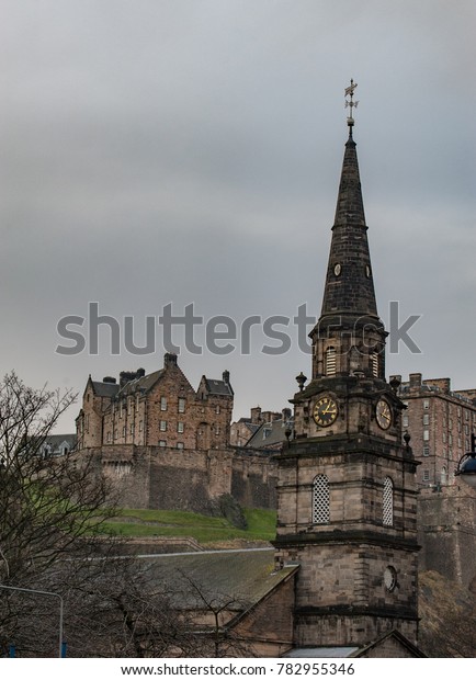 A view to Edinburgh Castle and a tower of St John\'s\
episcopal church 