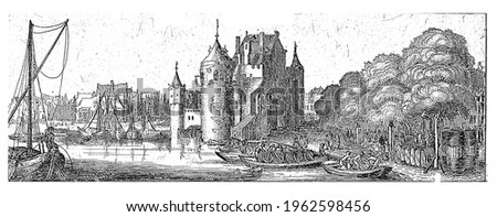 View of the Eerste Sint-Antoniespoort in Amsterdam, seen from the Geldersekade. Several boats in the foreground. After the city expansions at the end of the sixteenth century