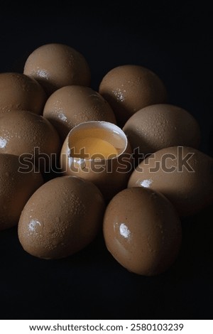 View of Egg yolk in Broken raw chicken eggshell in the among of Fresh chicken egg (Hen egg) on dark background. Natural organic fresh eggs for healthy food, use it as your Space for text and Design.