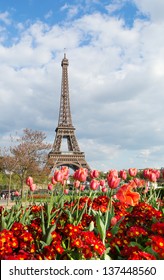 View of the Eiffel tower with beautiful tulips