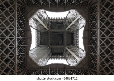 View of the Eiffel Tower from directly underneath.