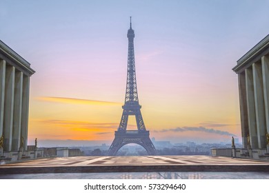 View of the Eiffel tower from observation deck at the Palais de Chaillot in Paris, France