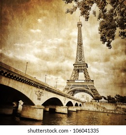View of Eiffel tower and river in monochrome vintage filtered style
