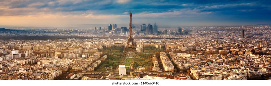 View of the Eiffel tower at sunset from Tour Montparnasse, Paris.