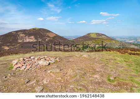 View of Eildon Mid hill and Eildon North Hill from the top of Eildon Wester hill in the Scottish Borders, UK