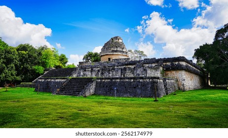 View of the El Caracol,ancient Maya observatory,dated 906 AD with a spiral staircase used for astronomy purposes at Chichen Itza,masterpiece of the Mayan civilization,10th cent AD,Yucatan,Mexico