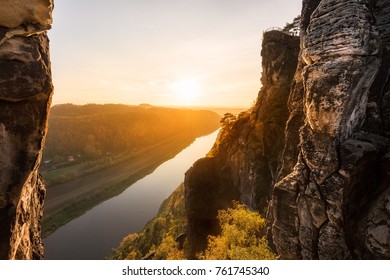 The view from the Elbe sandstone mountains (Elbsandsteingebirge) in Saxon switzerland