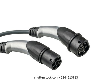 View of electric vehicle charging cable for outdoor use with 20A 480V 3 phase plug isolated on white background. Sweden.