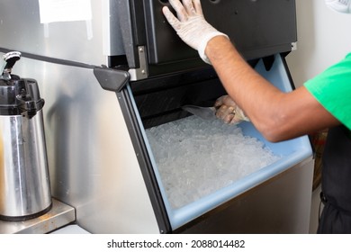 A view of an employee scooping ice out of an ice machine, in a restaurant setting. - Shutterstock ID 2088014482