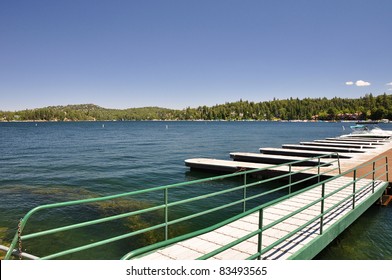 View Of Empty Boat Docks On Lake Arrowhead In The Southern California Mountains.