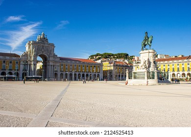 View Of An Empty Praça Do Comércio And Arco Da Rua Augusta During The Corona Virus Pandemic, Lisbon, Portugal