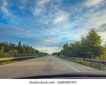 View of an empty highway surrounded by green trees under a cloudy sky, perspective of a driver on the A29 motorway near 262197 Alhorn, Germany
