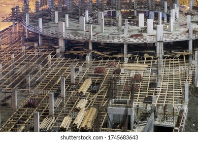 A View Of The Empty Illuminated Construction Site At Night