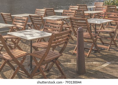 View of empty outdoor cafe, selective focus.