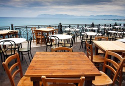View Of Empty Outdoor Cafe In Sicily,Italy,focus On The Table
