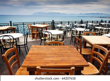 View Of Empty Outdoor Cafe In Sicily,Italy,focus On The Table