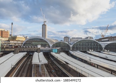 View Of Empty Platforms  Of Paddington Train Station And Buildings In London, UK