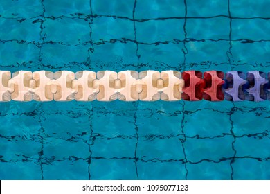 The View Of An Empty Public Swimming Pool Indoors. Lanes Of A Competition Swimming Pool. Shot From The Top