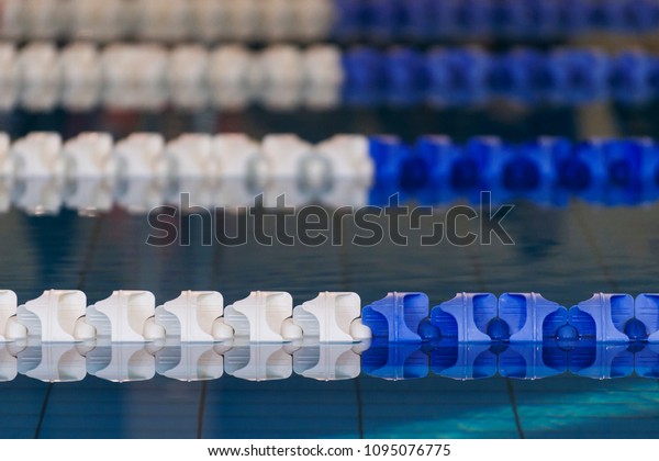 The view of an empty public\
swimming pool indoors. Lanes of a competition swimming\
pool