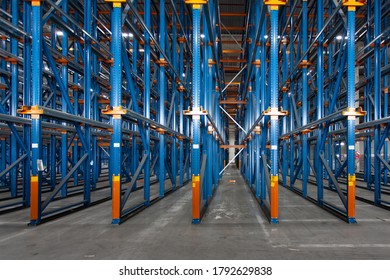 A view of empty storage racks in a warehouse