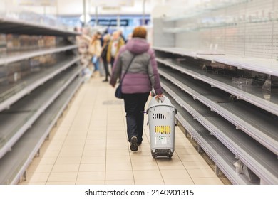 View Of Empty Supermarket Shelves, Grocery Store Work Stoppage Closes, Sanctions And Embargo, Panic Buying With Supplies And Goods Shortage, Food Crisis And Deficit Concept